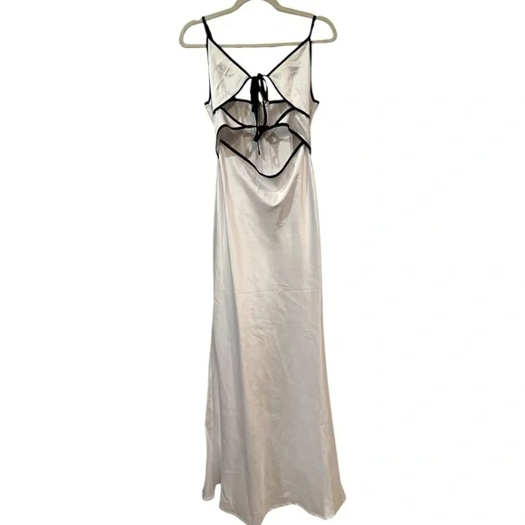 COMMENSE Semi-Sheer Contrast Trim Tie-Front Long Dress COLOR - White size Small - Picture 3 of 11